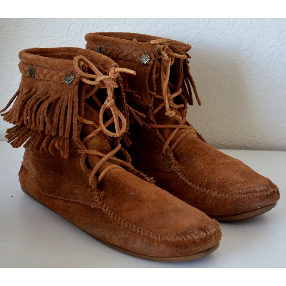 Minnetonka Double-Fringe Tramper Moccasin Ankle Boots Front Lace Women’s Size 11